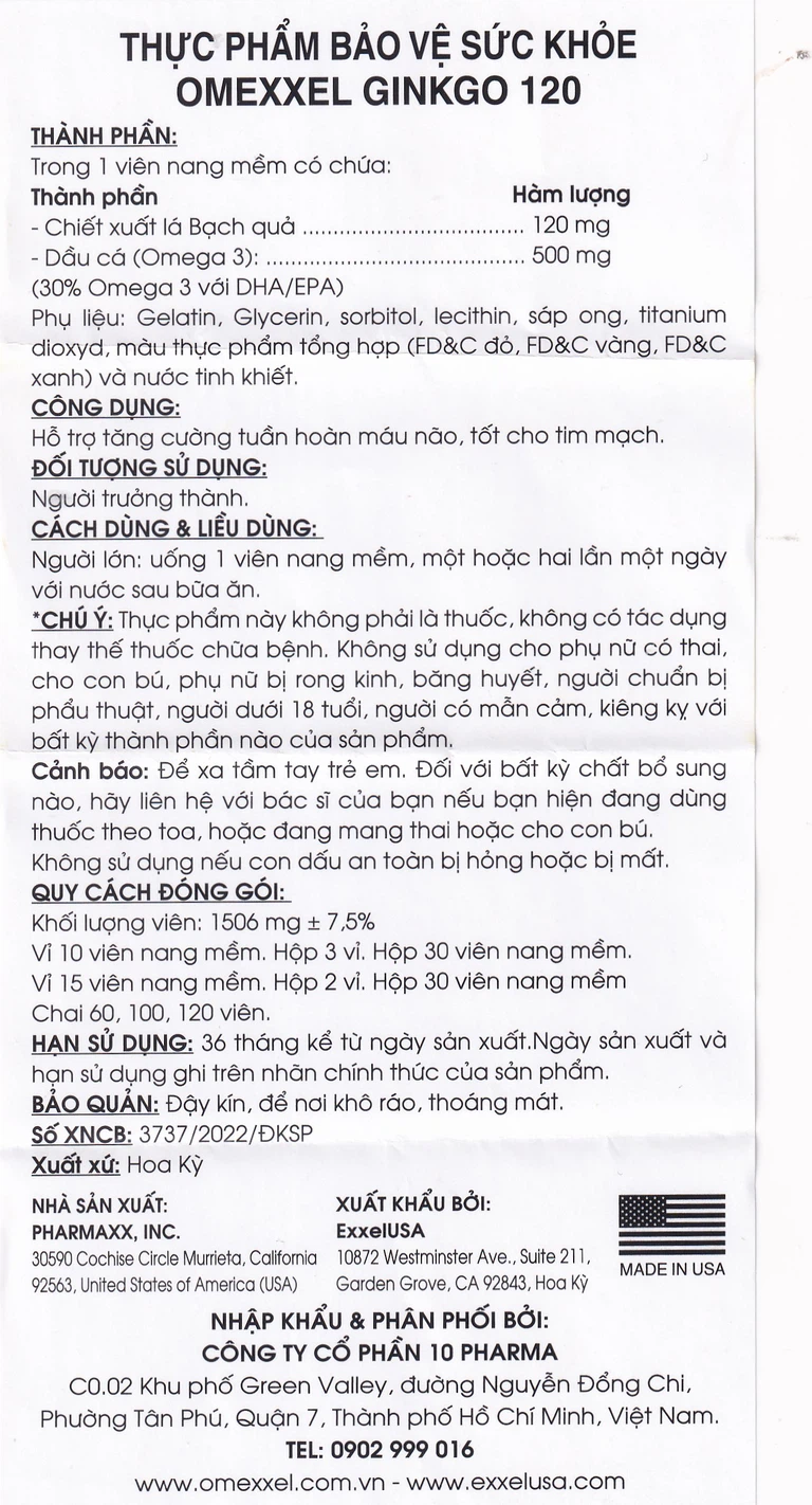 Viên uống Omexxel Ginkgo 120 Excelife tăng cường tuần hoàn máu não, tốt cho tim mạch (2 vỉ x 15 viên)