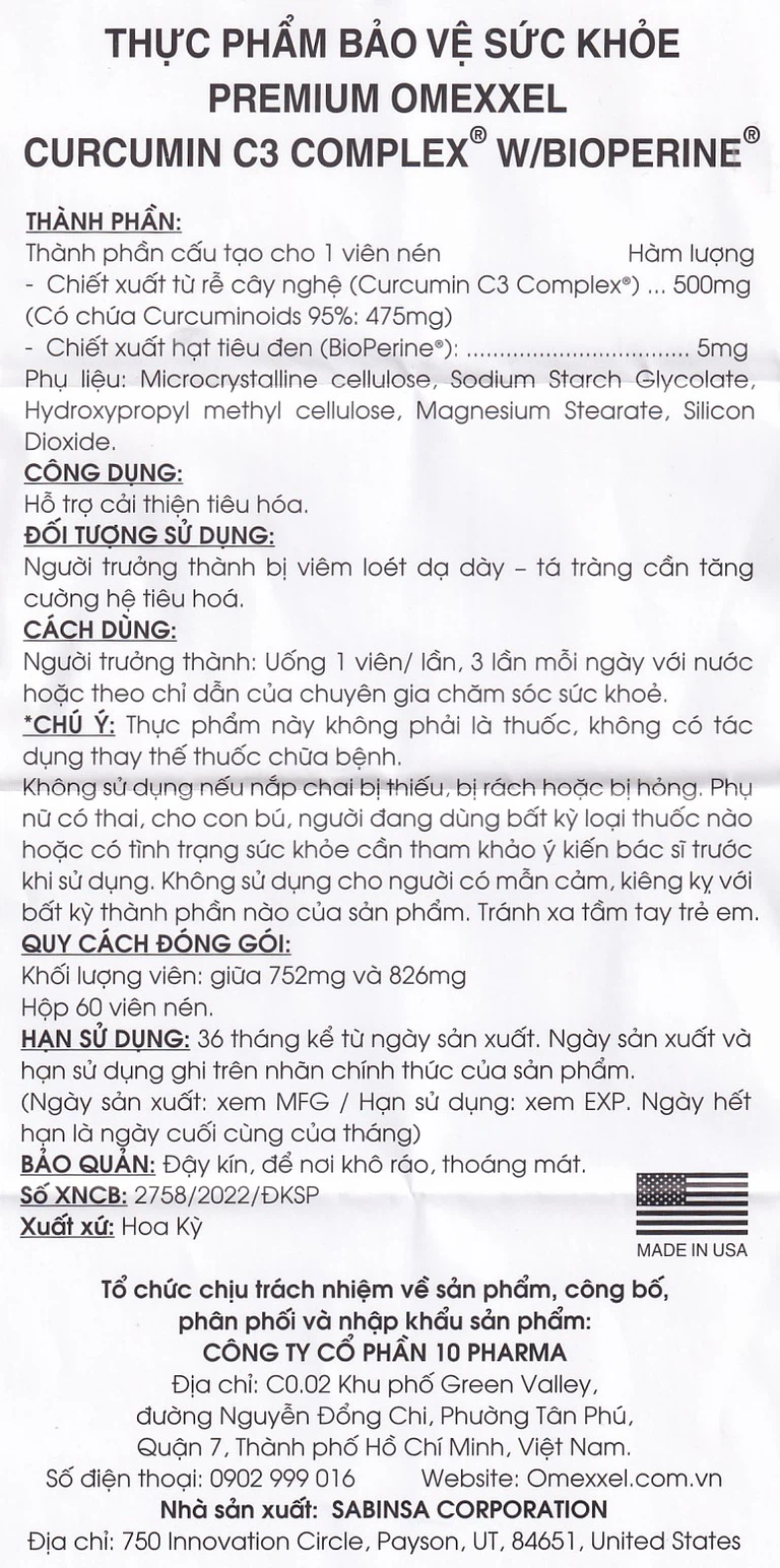 Viên uống Premium Omexxel Curcumin C3 Complex W/Bioperine hỗ trợ cải thiện tiêu hóa (60 viên)