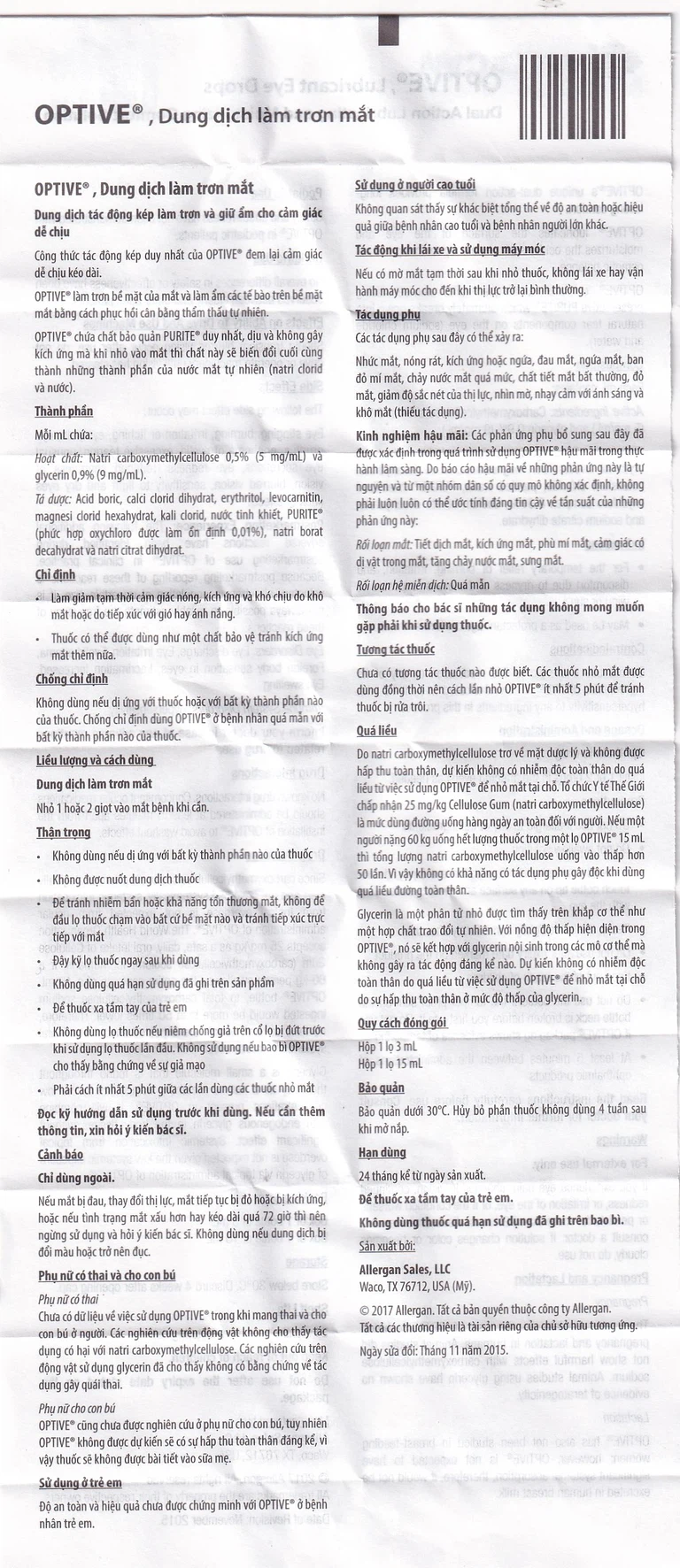 Thuốc nhỏ mắt Optive Allergan giảm nóng, kích ứng và khó chịu do khô mắt (15ml)