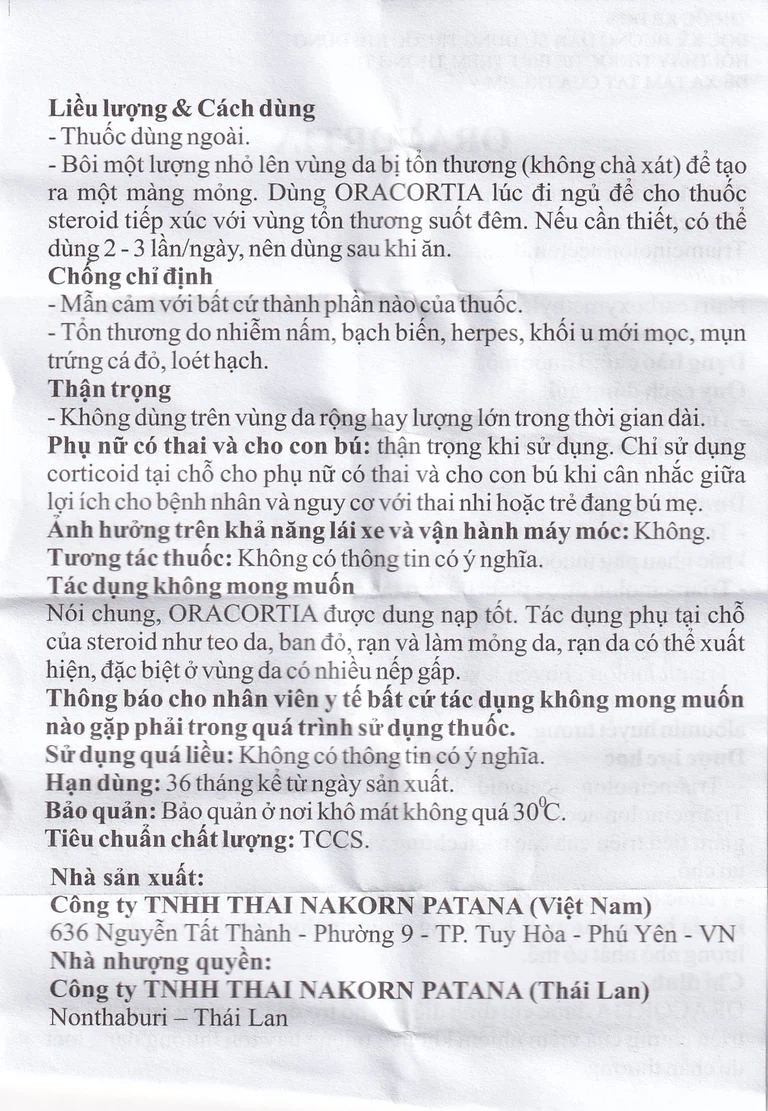 Thuốc mỡ Oracortia 0,1% Thai Nakorn Patana giảm triệu chứng viêm nhiễm khoang miệng, loét do chấn thương (5g)