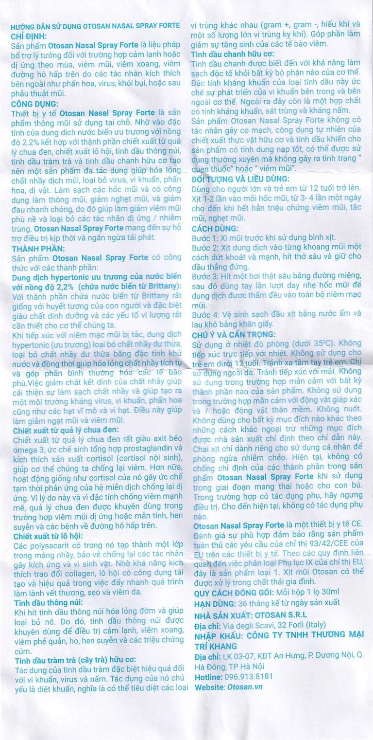 Dung dịch xịt mũi Otosan Nasal Spray Forte hỗ trợ điều trị viêm mũi, viêm xoang (30ml)