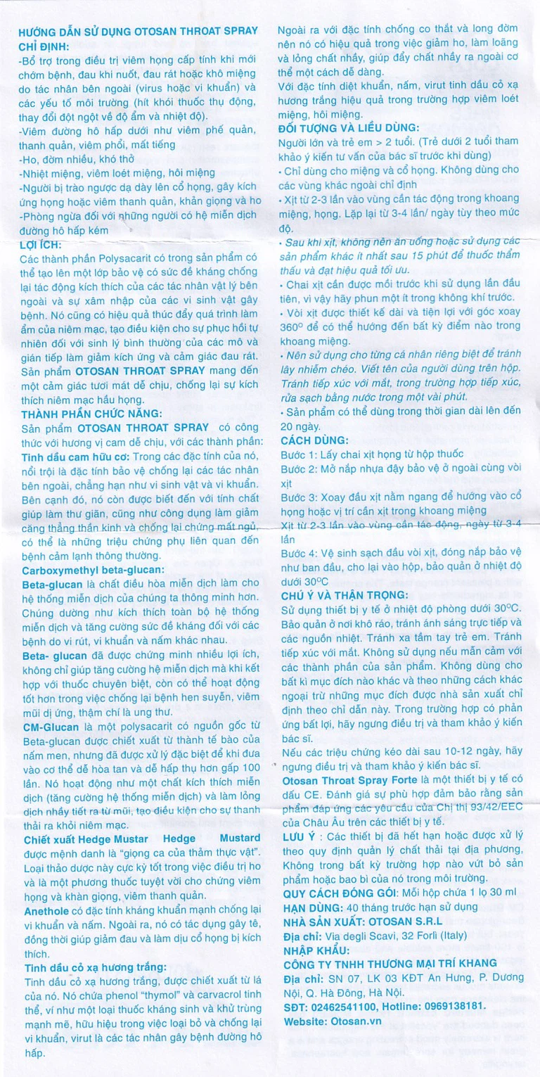 Xịt họng Otosan Spray Forte hỗ trợ điều trị viêm họng cấp, viêm hô hấp, giảm đau rát họng (30ml)