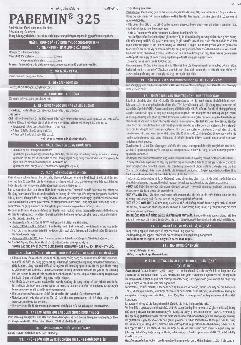 Cốm Pabemin 325 Pharimexco điều trị sốt từ nhẹ đến vừa, cảm lạnh, ho, sổ mũi (30 gói)