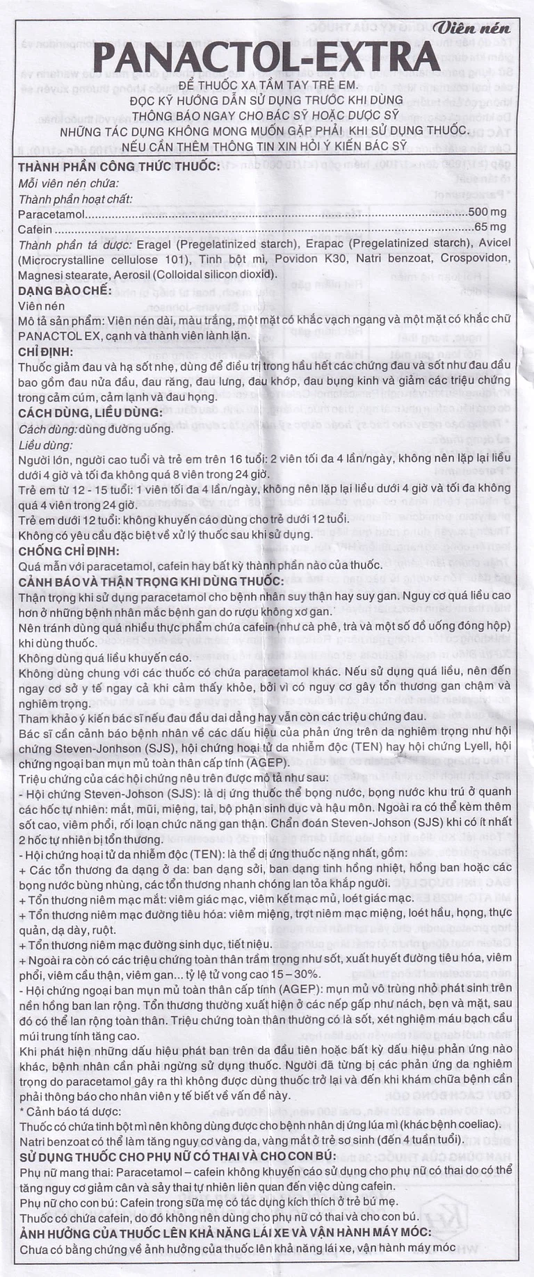 Viên nén Panactol Extra Khapharco hạ sốt, giảm đau (10 vỉ x 10 viên)