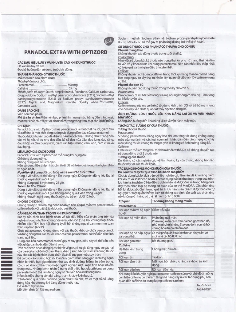 Viên nén Panadol Extra With Optizorb GSK giảm đau, hạ sốt nhanh, không gây buồn ngủ (12 vỉ x 10 viên)