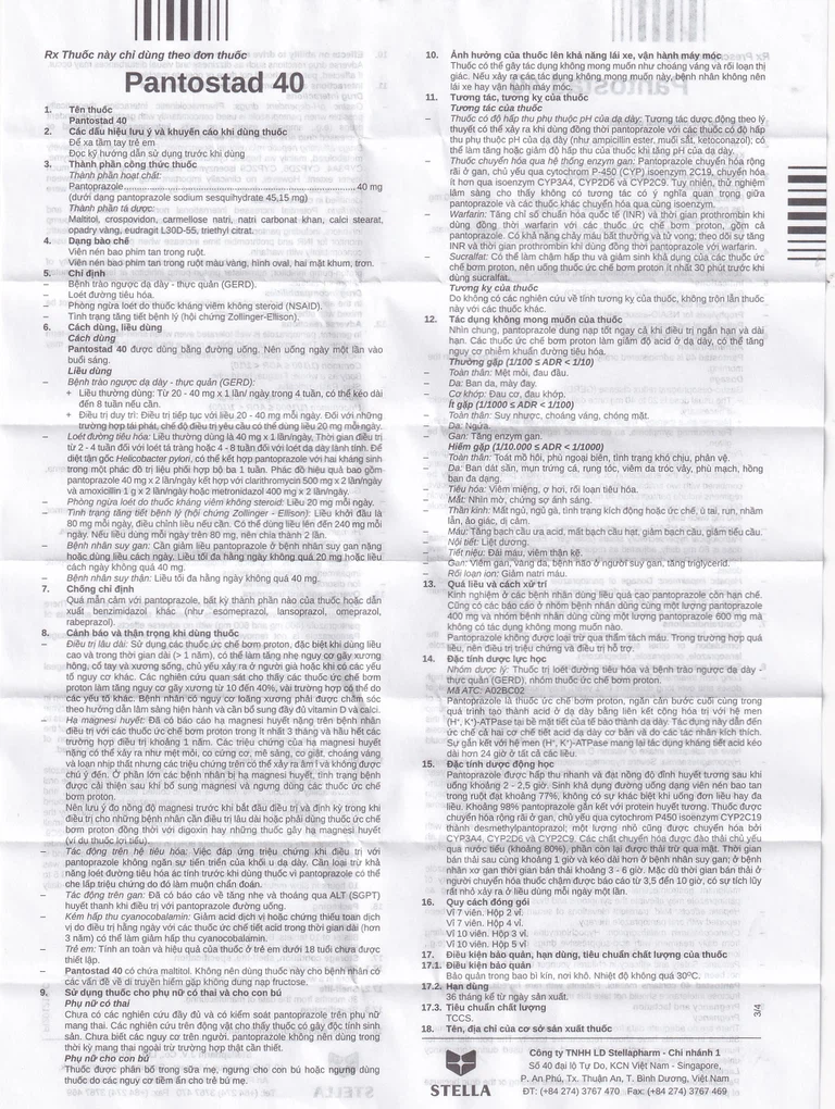Viên nén Pantostad 40 Stella điều trị trào ngược dạ dày thực quản (4 vỉ x 7 viên)
