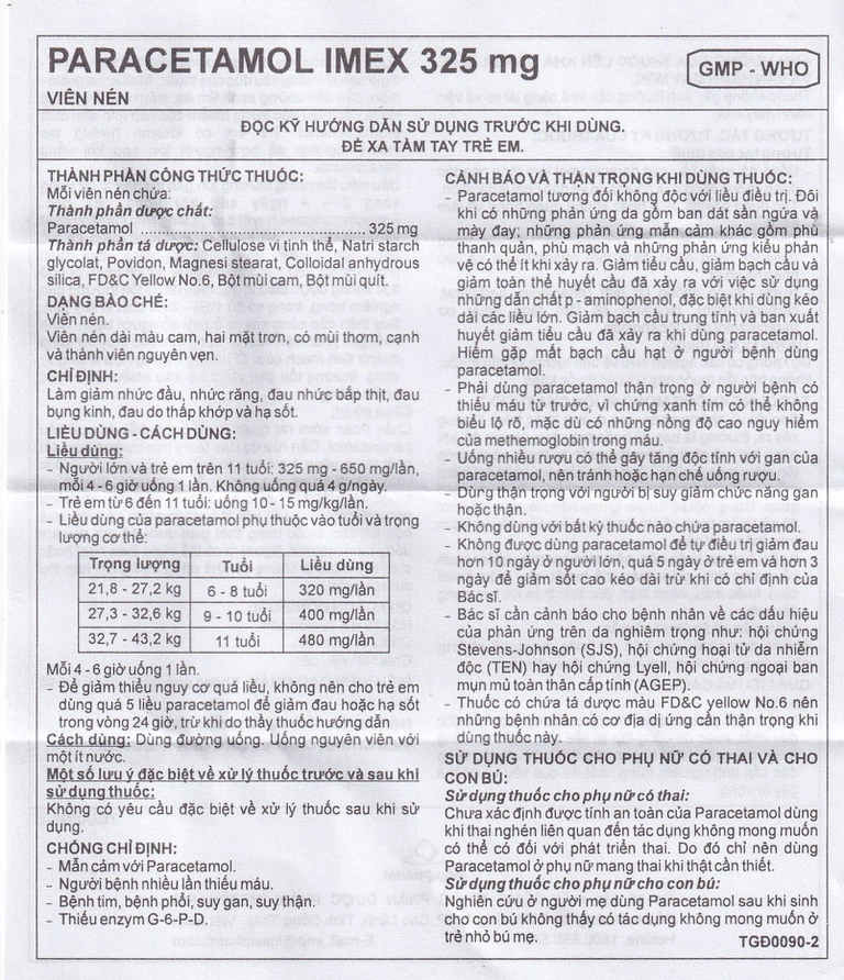 Viên nén Paracetamol Imex 325mg giảm nhức đầu, nhức răng, đau nhức bắp thịt (10 vỉ x 10 viên)