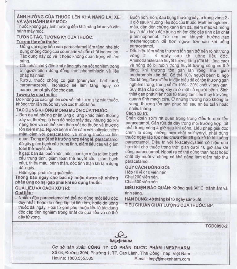 Viên nén Paracetamol Imex 325mg giảm nhức đầu, nhức răng, đau nhức bắp thịt (10 vỉ x 10 viên)