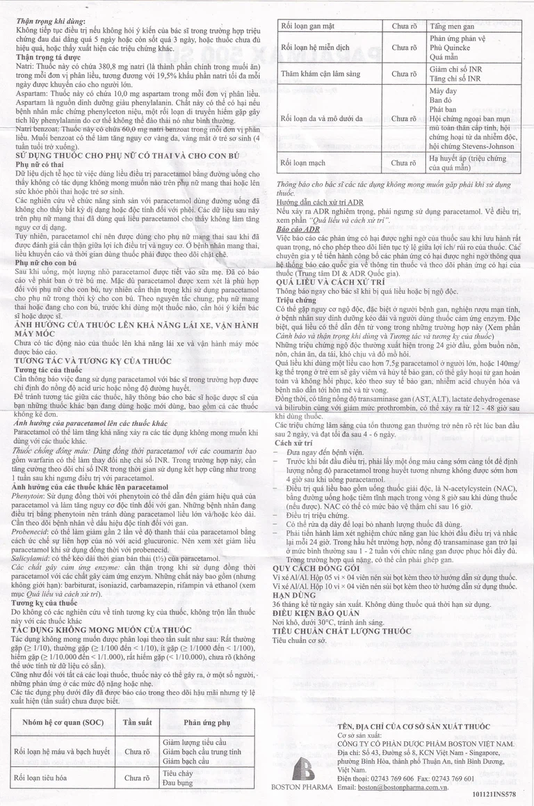 Viên sủi Effer-Paralmax 500 Boston giảm các chứng đau nhẹ đến vừa, đau đầu, đau răng (5 vỉ x 4 viên)