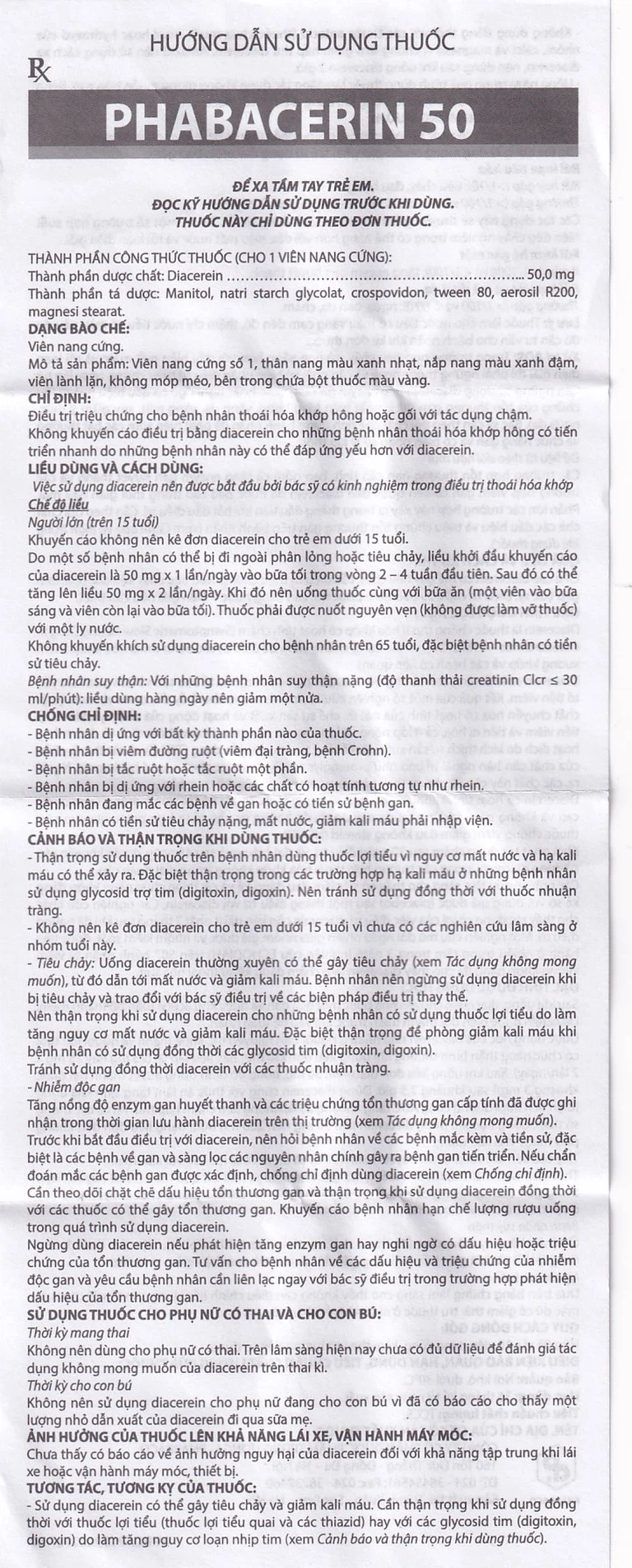 Thuốc uống Phabacerin 50 Pharbaco điều trị thoái hóa khớp (3 vỉ x 10 viên)