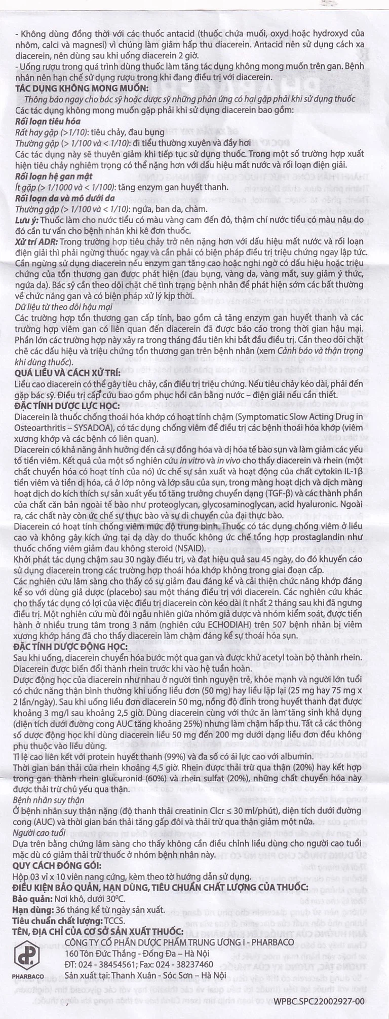 Thuốc uống Phabacerin 50 Pharbaco điều trị thoái hóa khớp (3 vỉ x 10 viên)