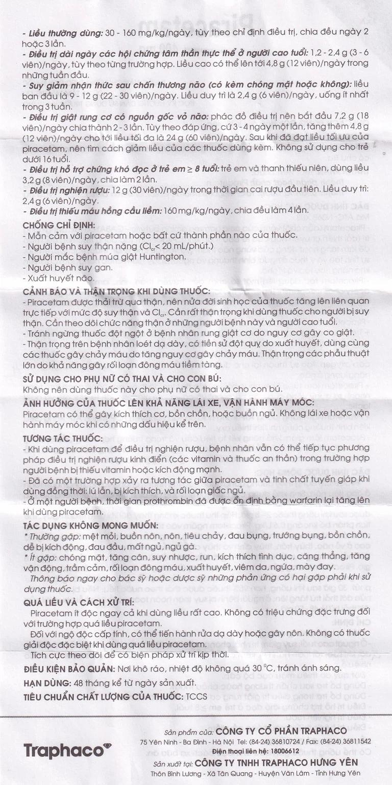 Viên nang cứng Piracetam 400mg Traphaco điều trị triệu chứng chóng mặt, suy giảm trí nhớ (6 vỉ x 10 viên)