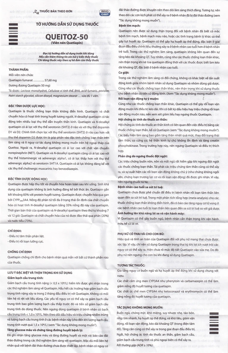 Thuốc Queitoz-50 Davipharm điều trị tâm thần phân liệt, rối loạn lưỡng cực (3 vỉ x 10 viên)