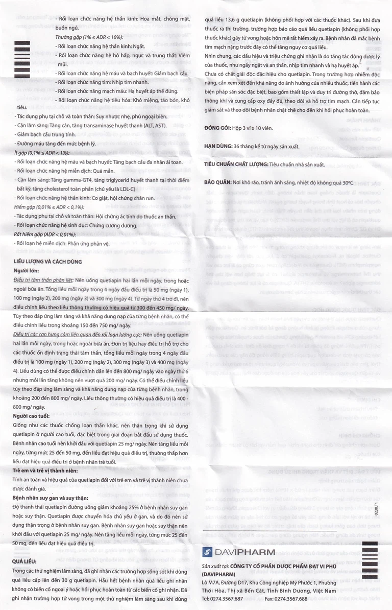 Thuốc Queitoz-50 Davipharm điều trị tâm thần phân liệt, rối loạn lưỡng cực (3 vỉ x 10 viên)