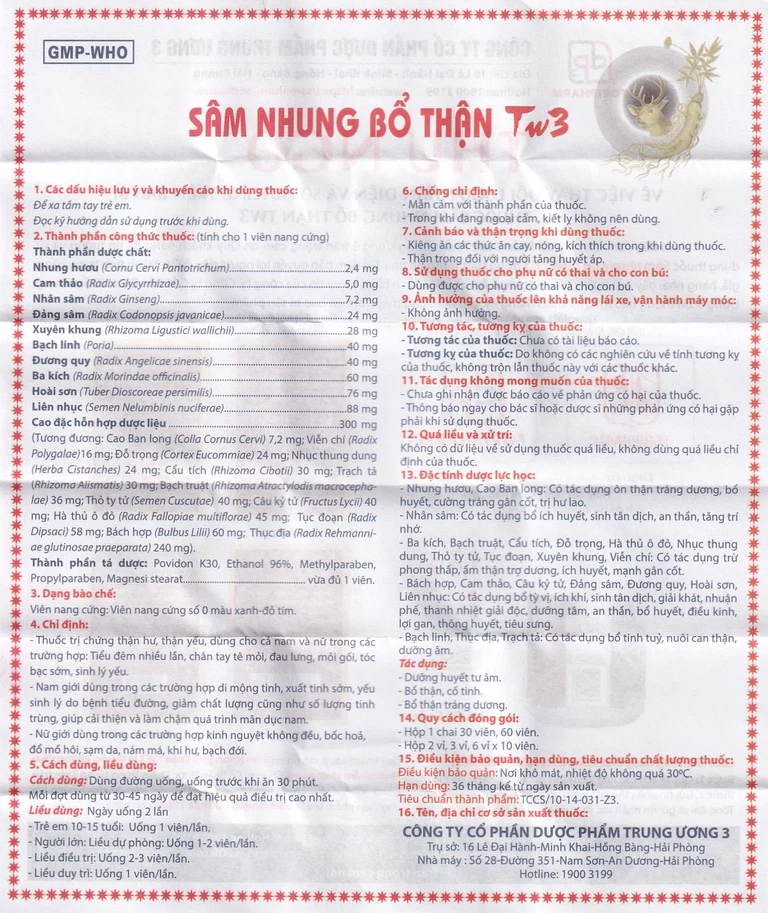 Thuốc Sâm Nhung Bổ Thận TW3 dưỡng huyết tư âm, bổ thận, cố tinh (30 viên)