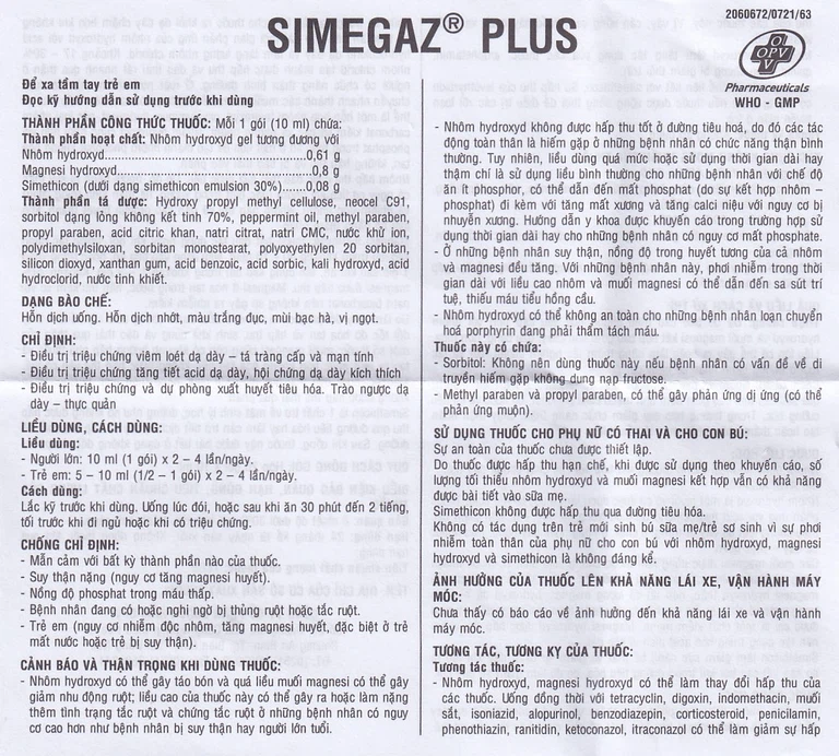 Hỗn dịch uống Simegaz Plus OPV vị bạc hà, điều trị viêm loét dạ dày , tăng acid dạ dày (20 gói x 10ml)