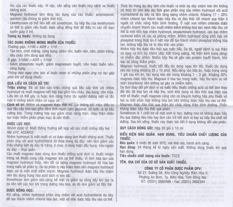 Hỗn dịch uống Simegaz Plus OPV vị bạc hà, điều trị viêm loét dạ dày , tăng acid dạ dày (20 gói x 10ml)