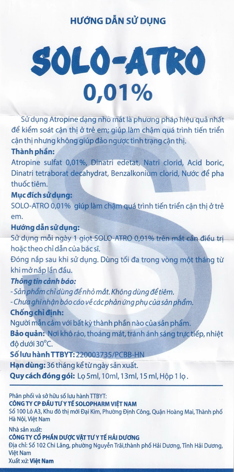 Dung dịch nhỏ mắt Solo-Atro Solopharm kiểm soát cận thị ở trẻ em, làm chậm quá trình tiến triển cận thị (5ml)