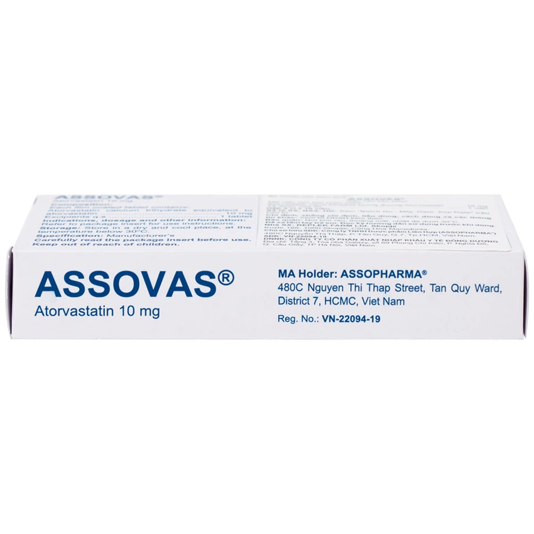Thuốc Assovas 10mg Assopharma điều trị tăng cholesterol máu nguyên phát (3 vỉ x 10 viên)