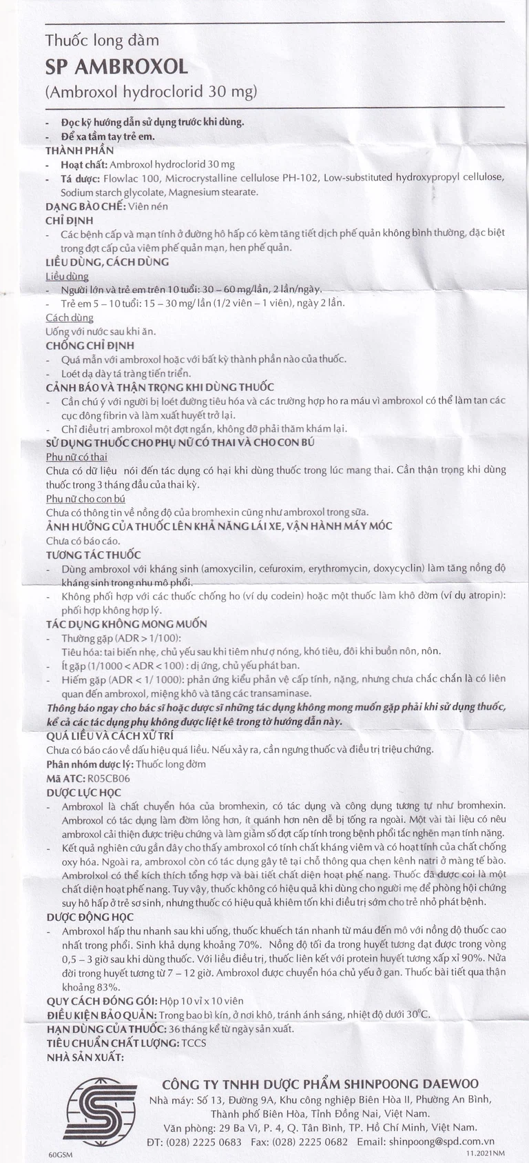 Thuốc SP Ambroxol 30mg điều trị các bệnh cấp và mạn tính ở đường hô hấp (10 vỉ x 10 viên)