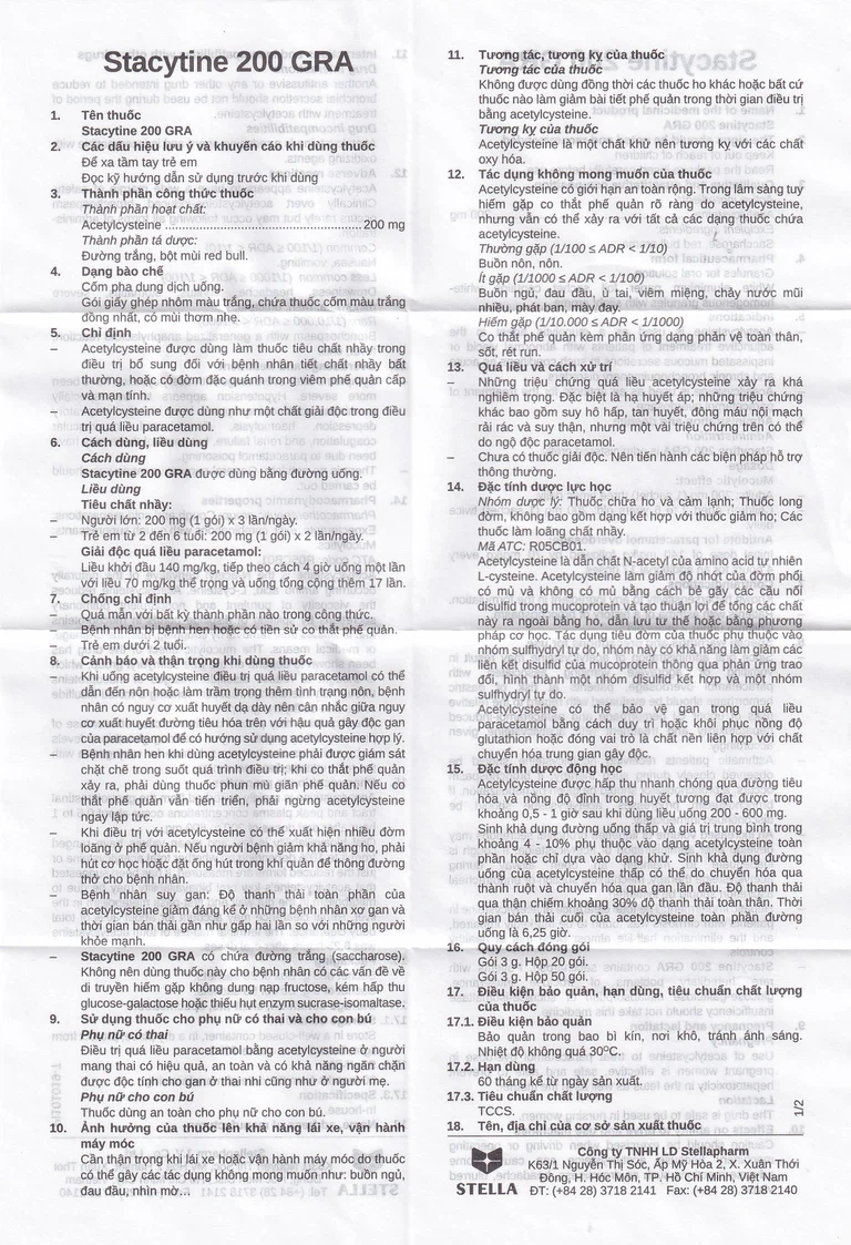 Cốm pha dung dịch uống Stacytine 200 GRA Stella tiêu nhầy, long đờm (20 gói)