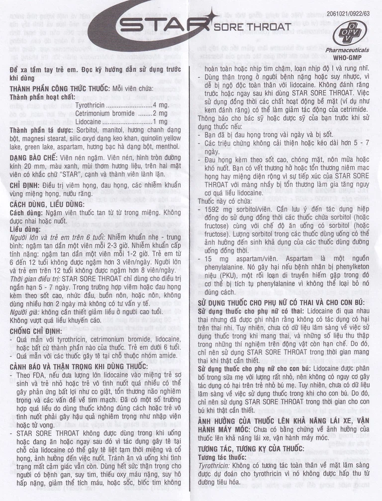 Viên ngậm Star Sore Throat OPV không đường điều trị đau họng, viêm họng (2 vỉ x 12 viên)