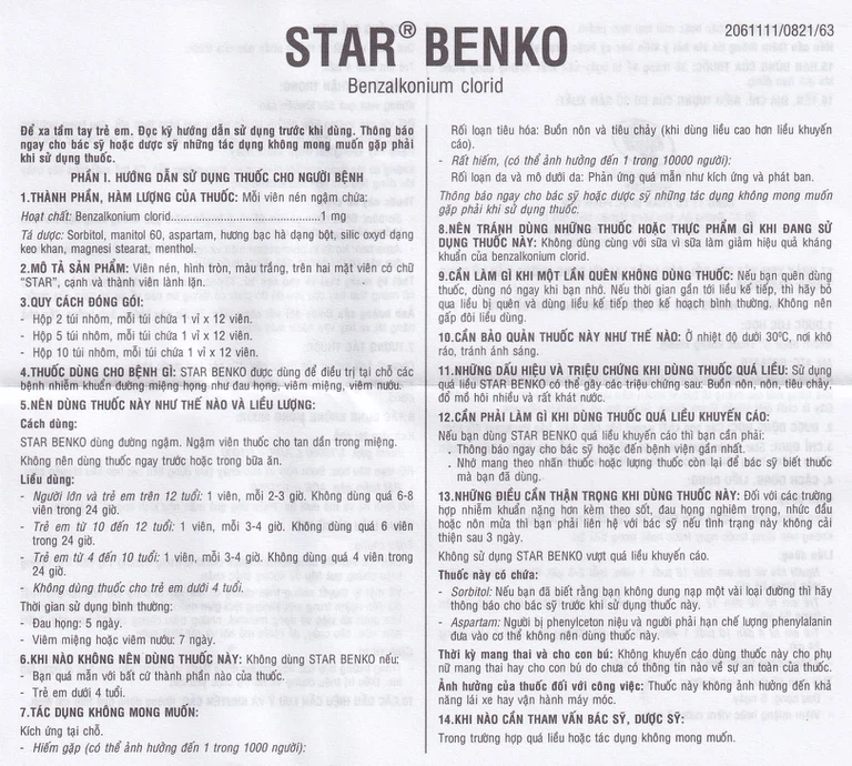 Viên ngậm Star Benko OPV điều trị nhiễm khuẩn miệng, họng (2 vỉ x 12 viên)