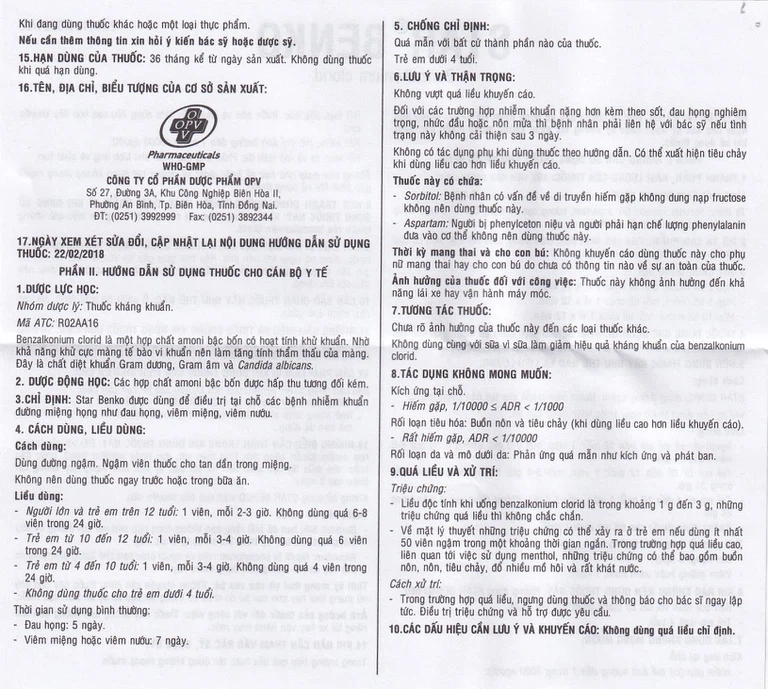 Viên ngậm Star Benko OPV điều trị nhiễm khuẩn miệng, họng (2 vỉ x 12 viên)