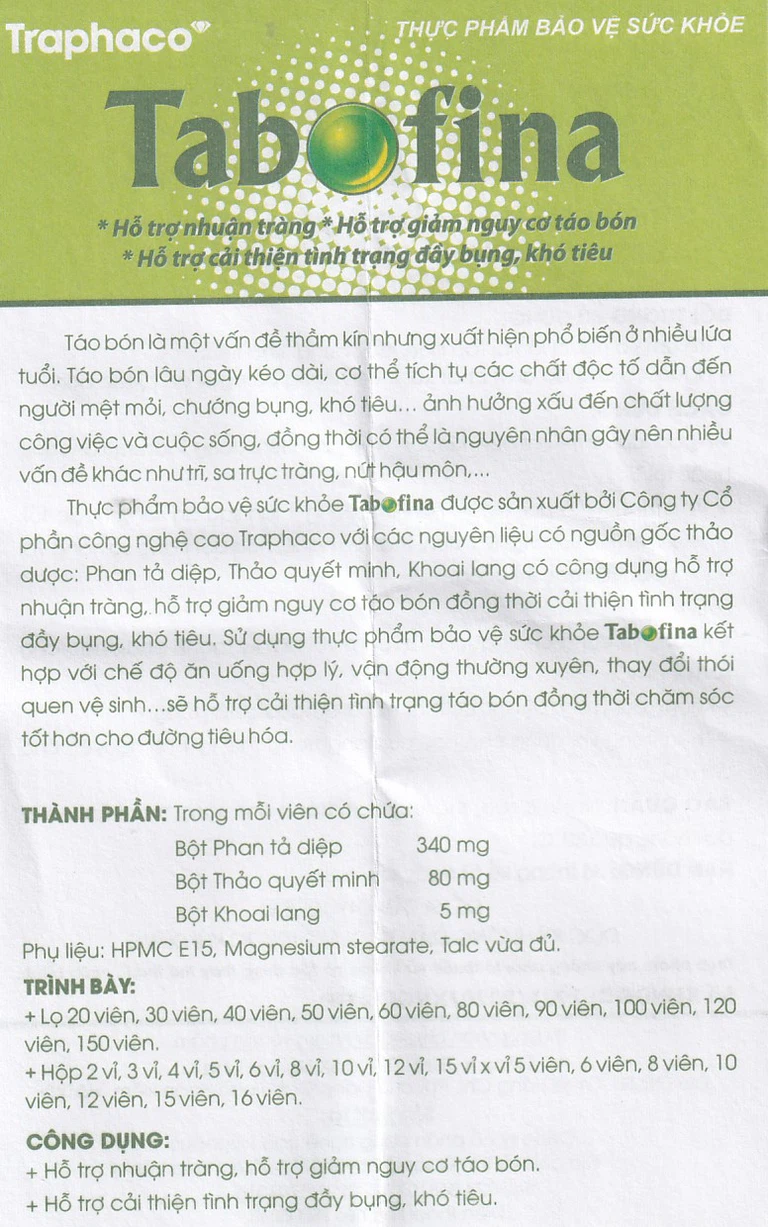Viên uống Tabofina Traphaco hỗ trợ nhuận tràng, giảm nguy cơ táo bón (3 vỉ x 10 viên)