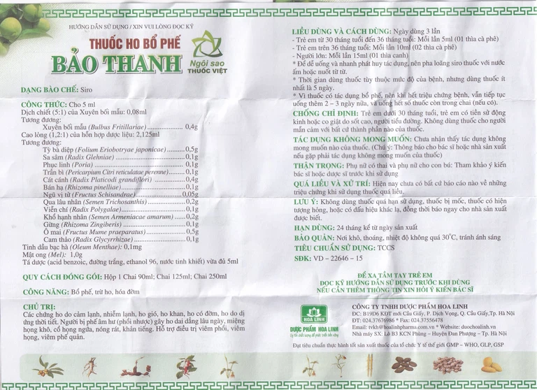Siro Bảo Thanh Hoa Linh điều trị ho, bổ phế, hóa đờm (90ml)