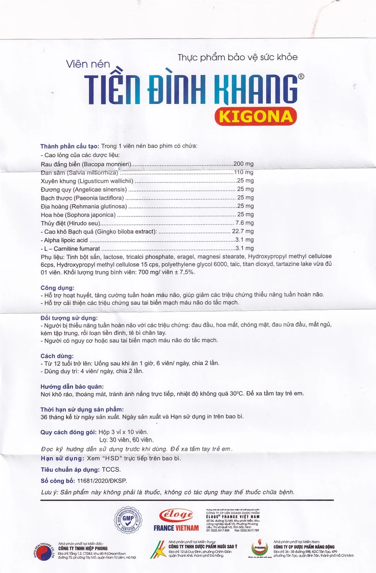 Viên uống Tiền Đình Khang Kigona Eloge hỗ trợ hoạt huyết, tăng cường tuần hoàn máu não (3 vỉ x 10 viên)