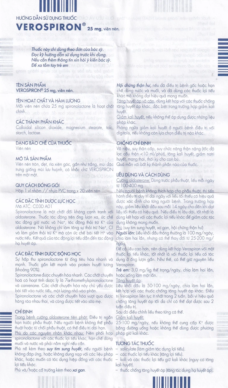 Thuốc Verospiron 25mg Gedeon điều trị ngắn hạn phẫu thuật (1 vỉ x 20 viên)
