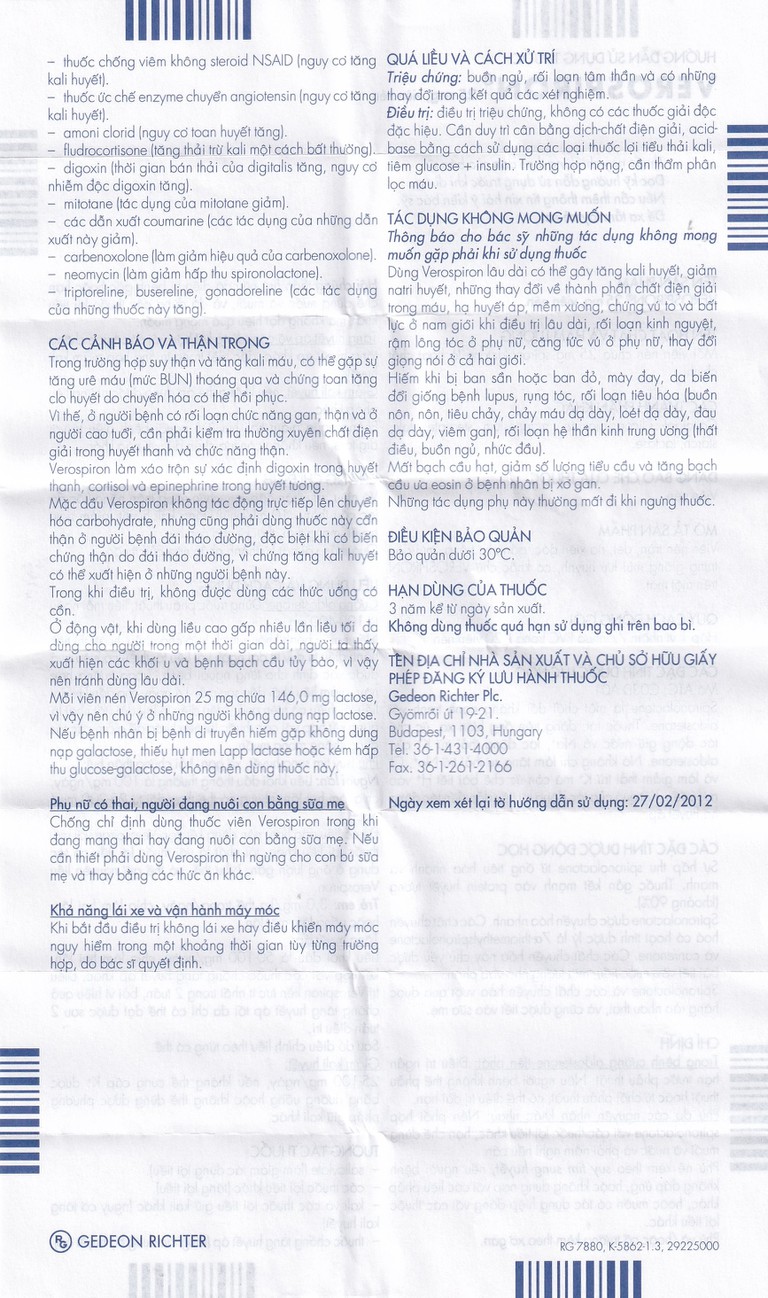 Thuốc Verospiron 25mg Gedeon điều trị ngắn hạn phẫu thuật (1 vỉ x 20 viên)