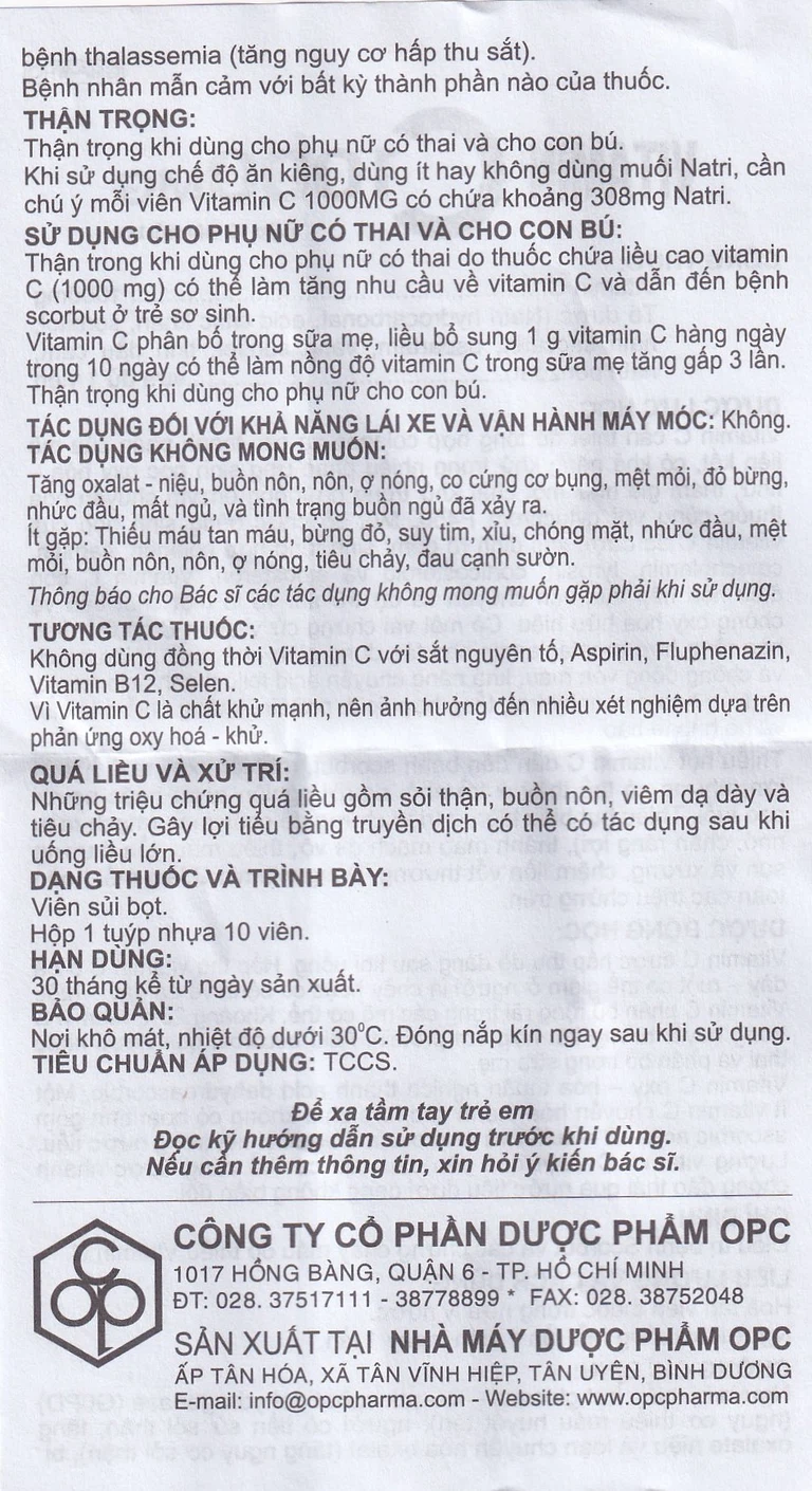 Viên sủi Vitamin C 1000mg OPC điều trị bệnh Scorbut và các chứng chảy máu do thiếu Vitamin C (10 viên)