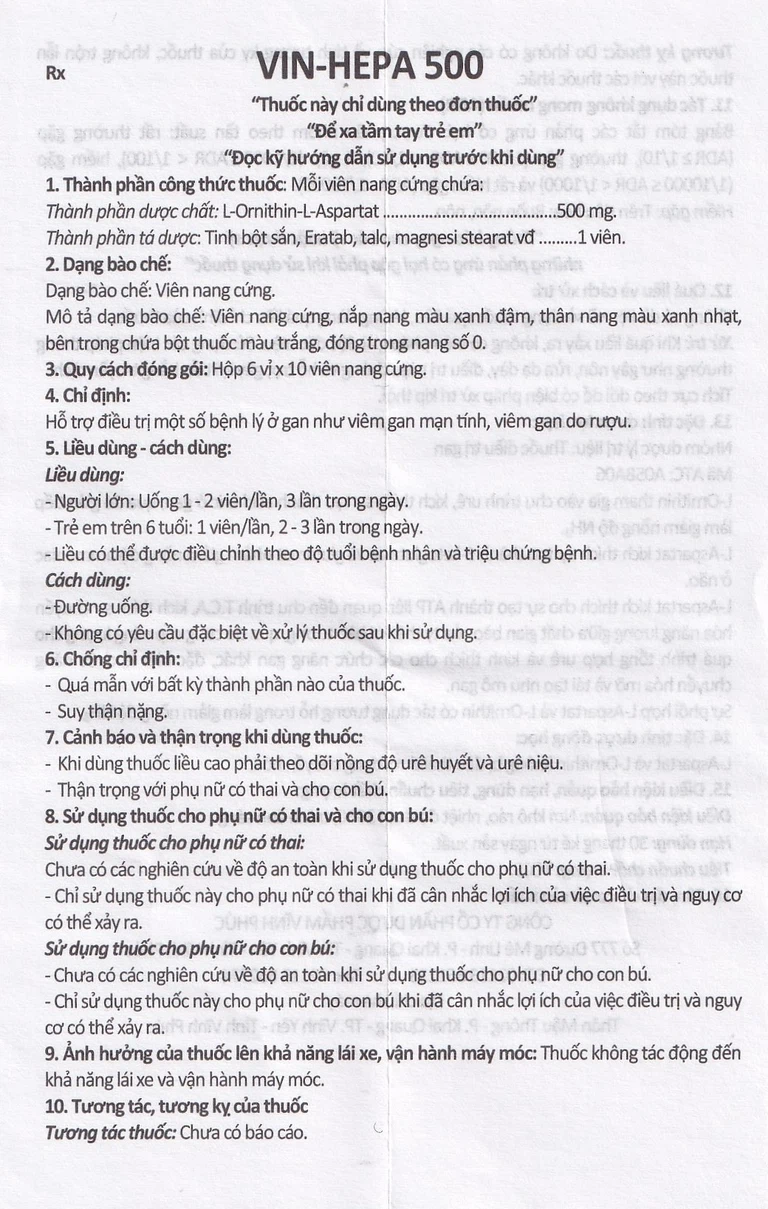 Thuốc Vin-Hepa 500 Vinphaco điều trị các bệnh lý ở gan (6 vỉ x 10 viên)