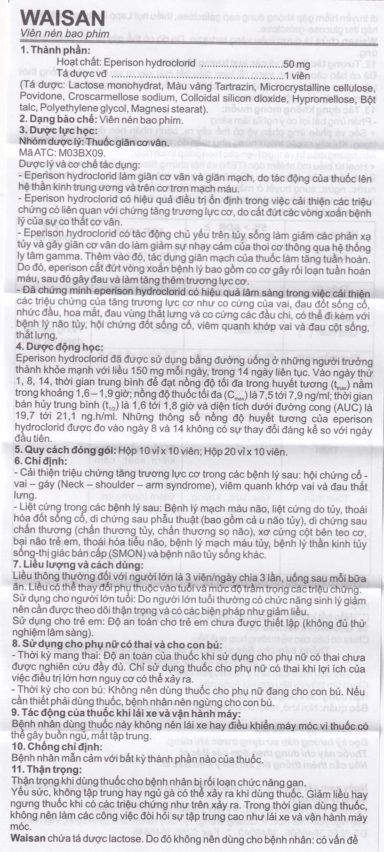 Thuốc Waisan 50mg Bidiphar cải thiện triệu chứng tăng trương lực cơ (10 vỉ x 10 viên)