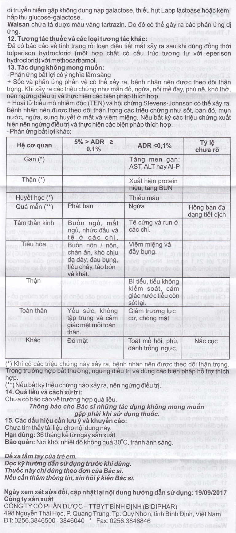 Thuốc Waisan 50mg Bidiphar cải thiện triệu chứng tăng trương lực cơ (10 vỉ x 10 viên)