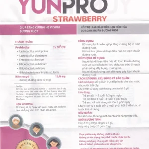 Men vi sinh Yunpro strawberry 2g DHG Pharma bổ sung lợi khuẩn bổ sung lợi khuẩn, giúp tăng cường hệ vi sinh đường ruột (20 gói)