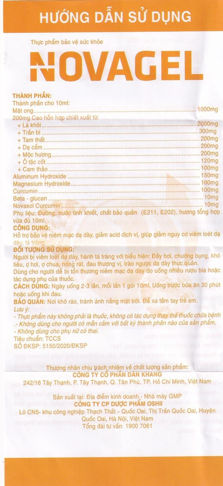 Thực phẩm bảo vệ sức khỏe Novagel Dân Khang hỗ trợ giảm acid dịch vị, bảo vệ niêm mạc dạ dày (Hộp 20 gói x 10ml)