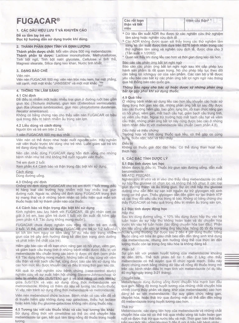 Thuốc Fugacar 500mg Janssen điều trị nhiễm giun (1 viên)