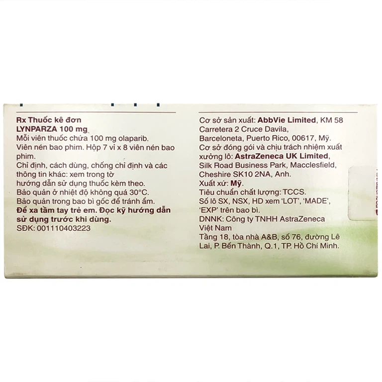 Thuốc Lynparza Tab 100mg AstraZeneca hỗ trợ điều trị ưng thư (7 vỉ x 8 viên)