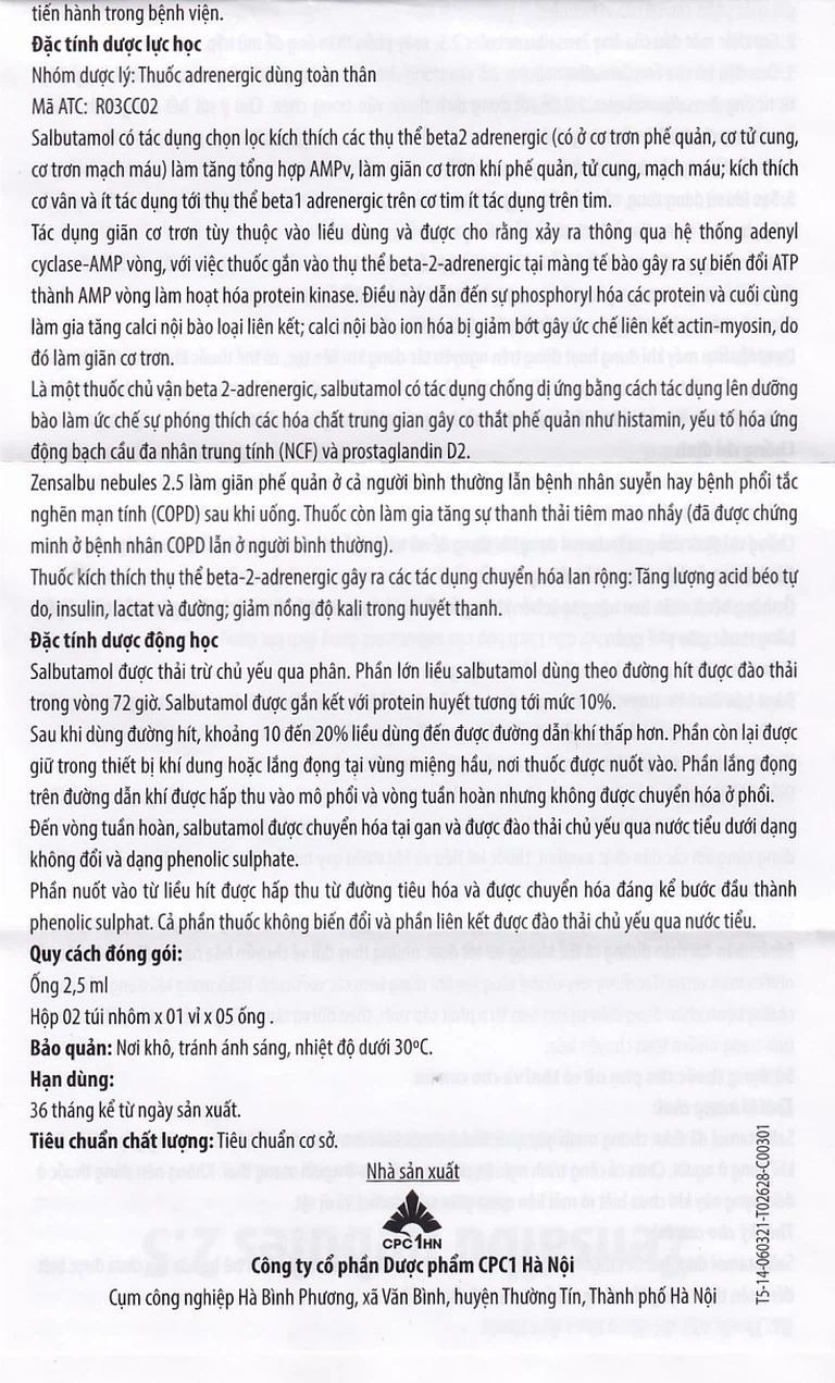 Thuốc Zensalbu 2.5mg CPC1HN kiểm soát co thắt phế quản mạn, điều trị hen nặng cấp tính (2 vỉ x 5 ống)