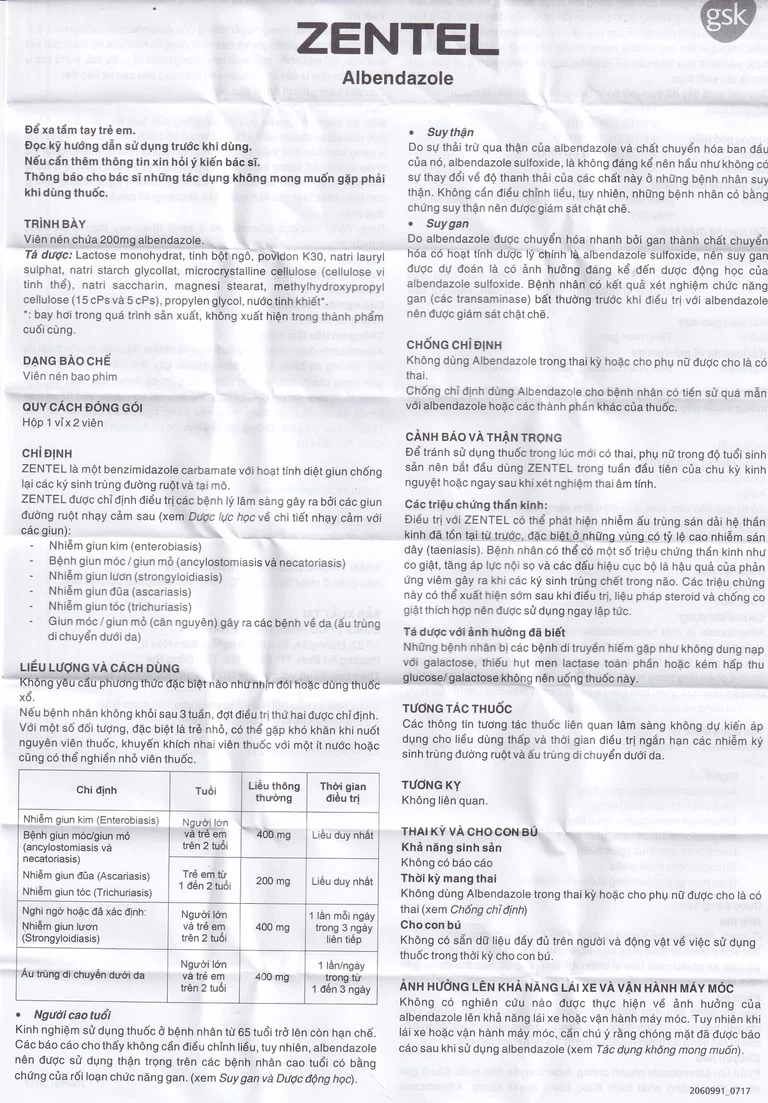 Thuốc Zentel Albendazole 200mg GSK điều trị các loại giun đường ruột nhạy cảm (1 vỉ x 2 viên)