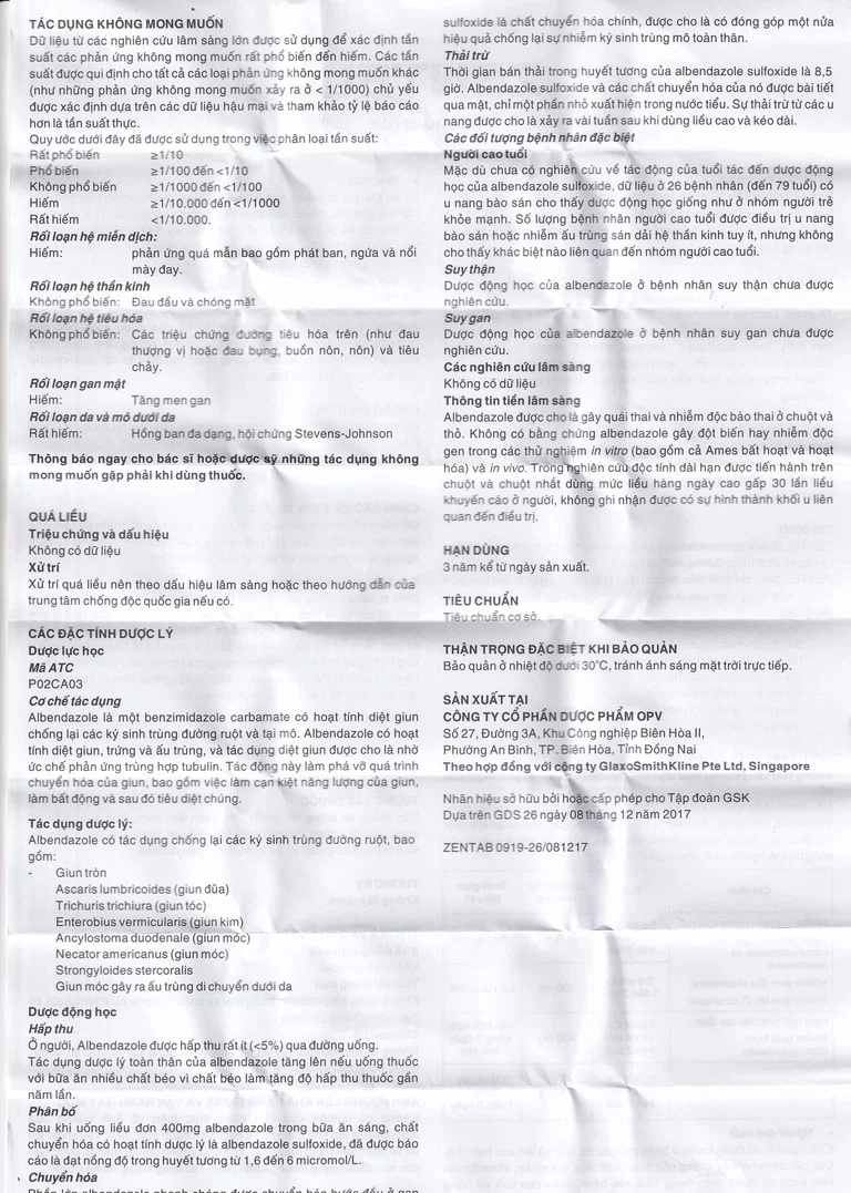 Thuốc Zentel Albendazole 200mg GSK điều trị các loại giun đường ruột nhạy cảm (1 vỉ x 2 viên)